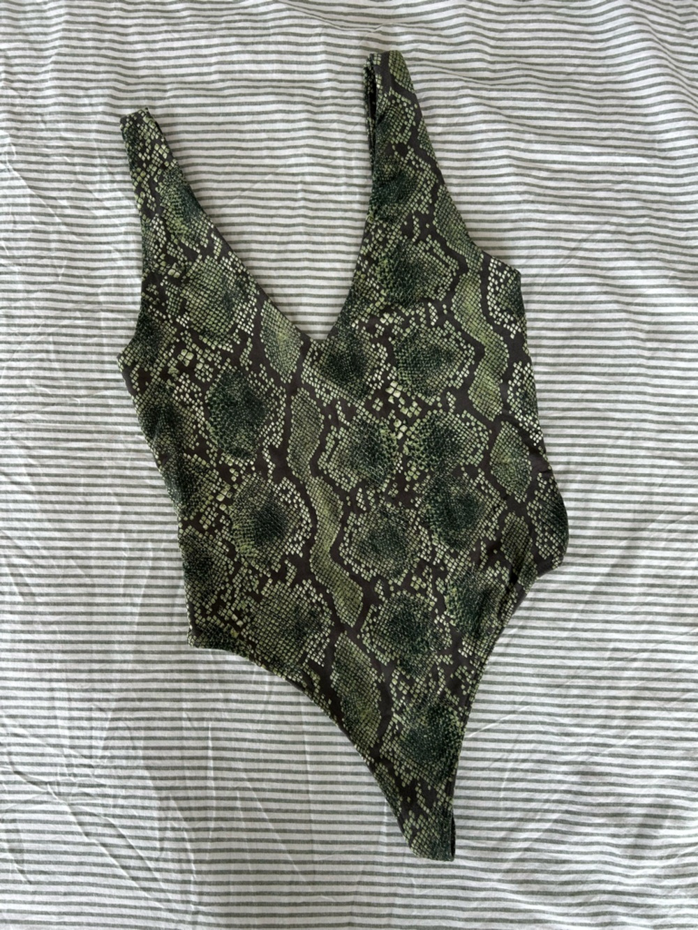 Babaton Green and Black Snake-Print Thong Bodysuit